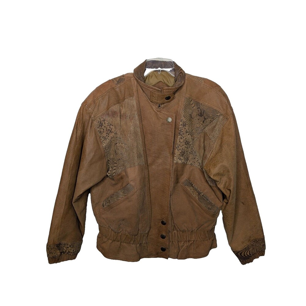 Vintage 80s Womens Leather Patchwork Bomber Jacket Sz M Full Zip Metal Snap